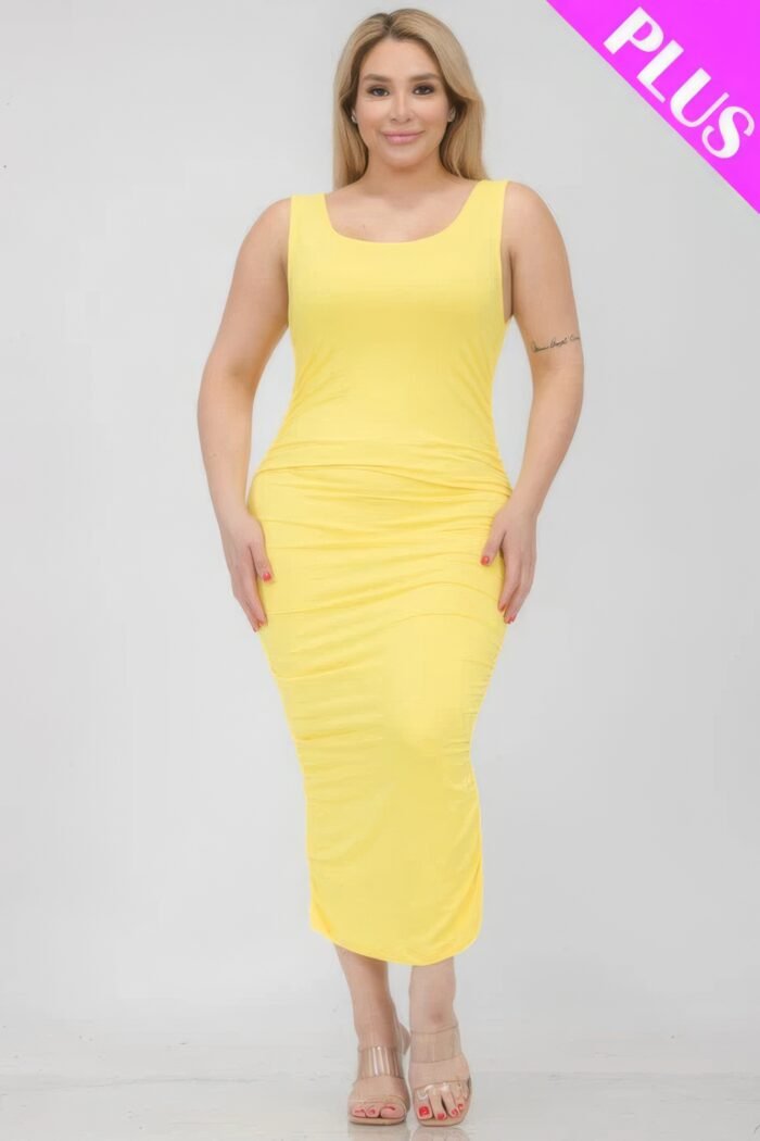 Plus size square neck ruched bodycon midi dress