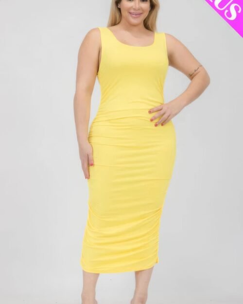 plus size square neck ruched bodycon midi dress