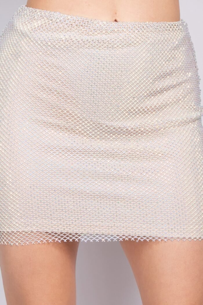 Mid-rise rhinestone fishnet mini skirt