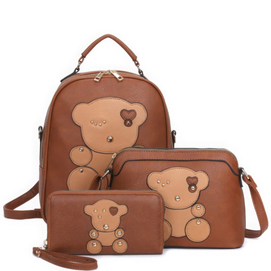 3in1 cute bear design handle backpack w crossbody and wallet set