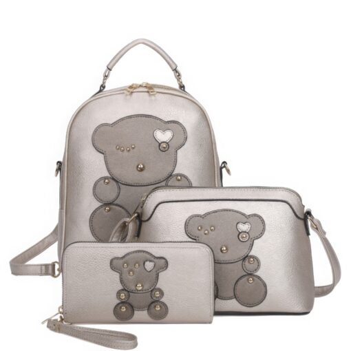 3in1 Cute Bear Design Handle Backpack W Crossbody And Wallet Set - Image 3