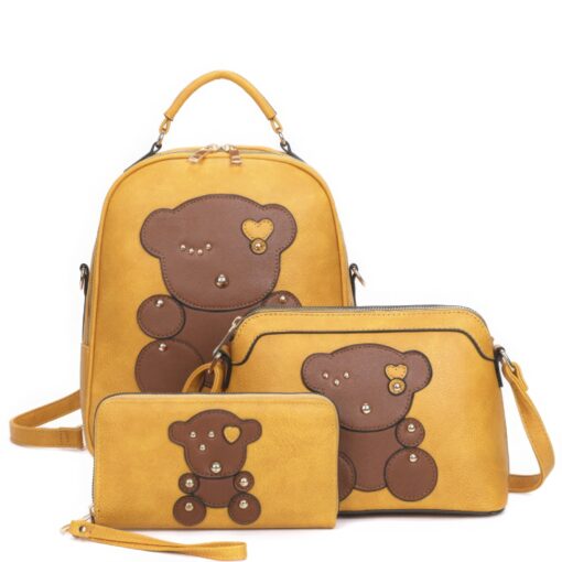 3in1 Cute Bear Design Handle Backpack W Crossbody And Wallet Set - Image 4