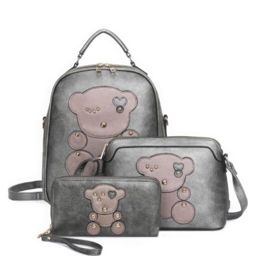 3in1 Cute Bear Design Handle Backpack W Crossbody And Wallet Set - Image 5
