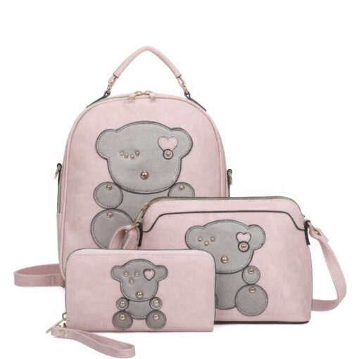 3in1 Cute Bear Design Handle Backpack W Crossbody And Wallet Set - Image 6