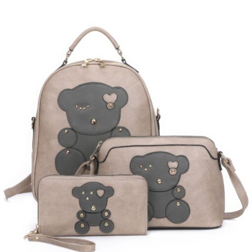 3in1 Cute Bear Design Handle Backpack W Crossbody And Wallet Set - Image 7