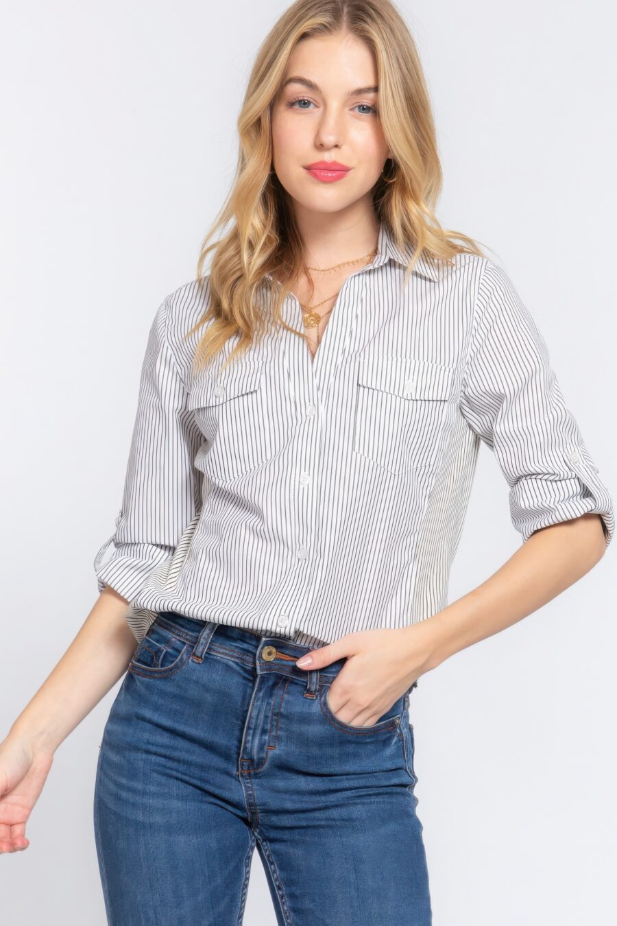 Long slv y/d stripe woven shirt