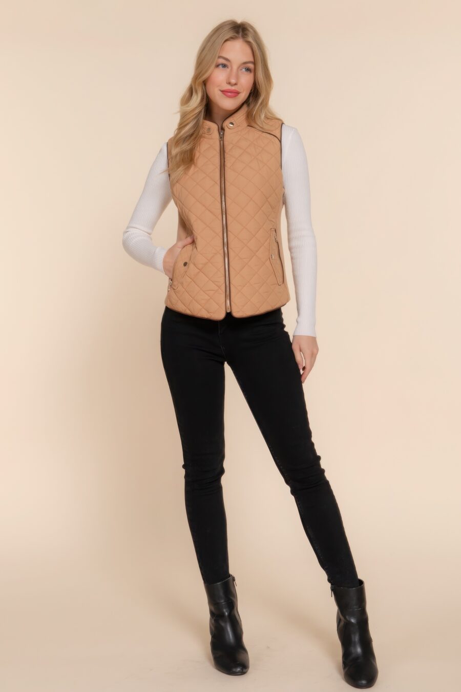 Suede piping quilted padding vest