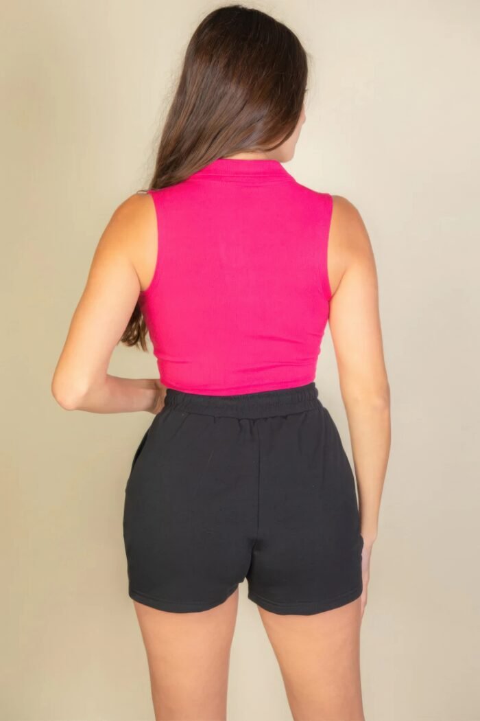 Solid ribbed polo neck tank top