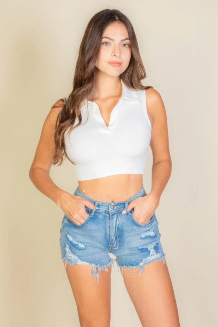 Solid ribbed polo neck tank top
