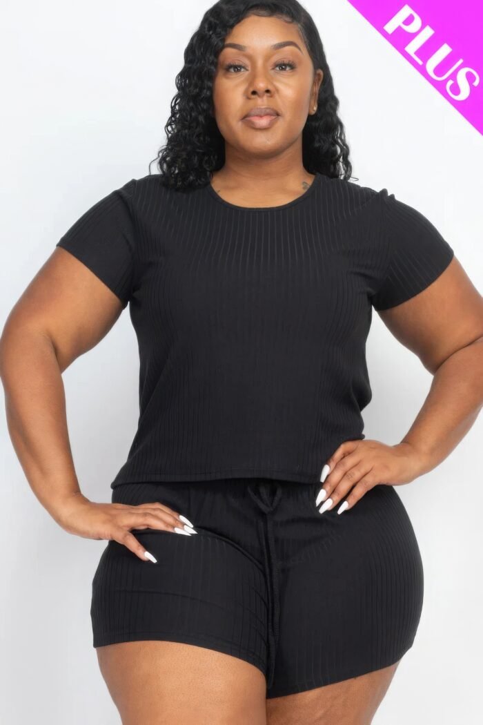 Plus size ribbed short sleeve top&shorts set