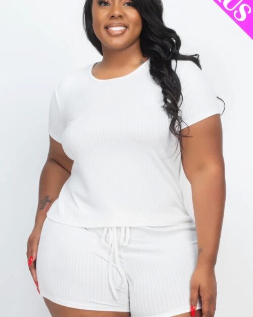 Plus Size Ribbed Short Sleeve Top&shorts Set