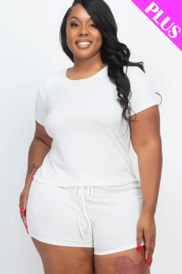 Plus size ribbed short sleeve top&shorts set