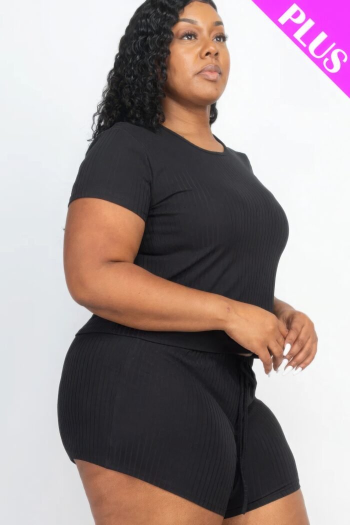 Plus size ribbed short sleeve top&shorts set