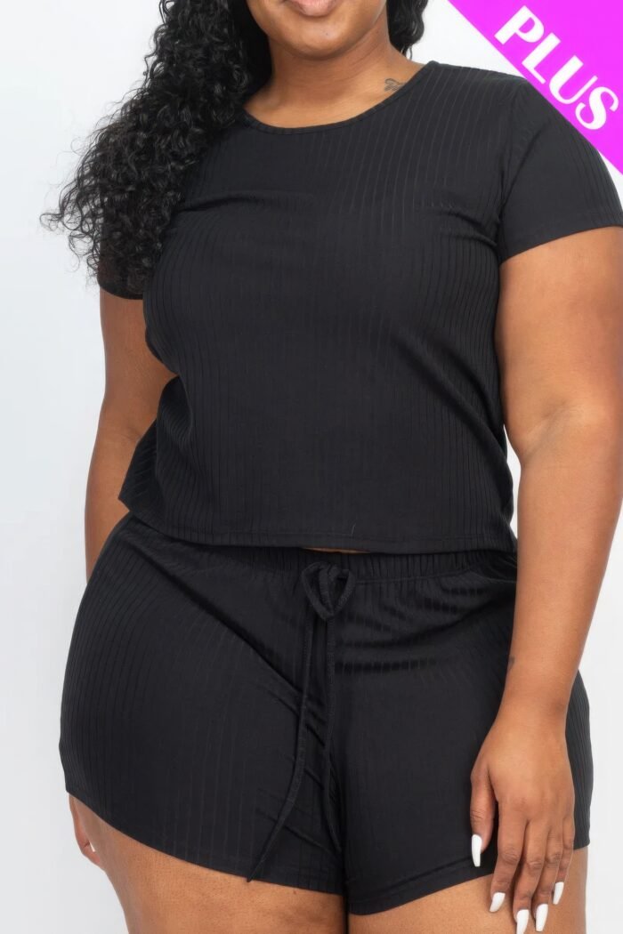 Plus size ribbed short sleeve top&shorts set