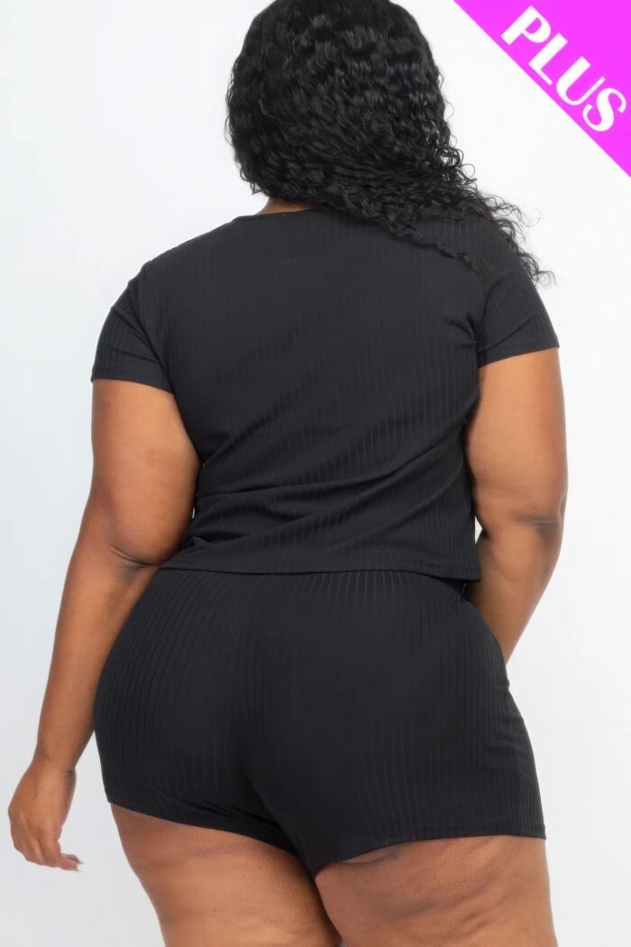 Plus size ribbed short sleeve top&shorts set