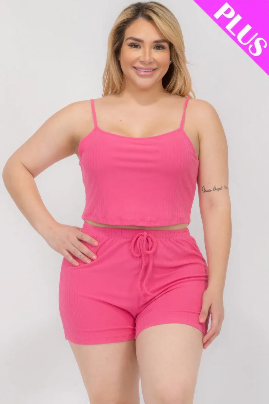Plus size solid ribbed cami top and shorts set - image 35