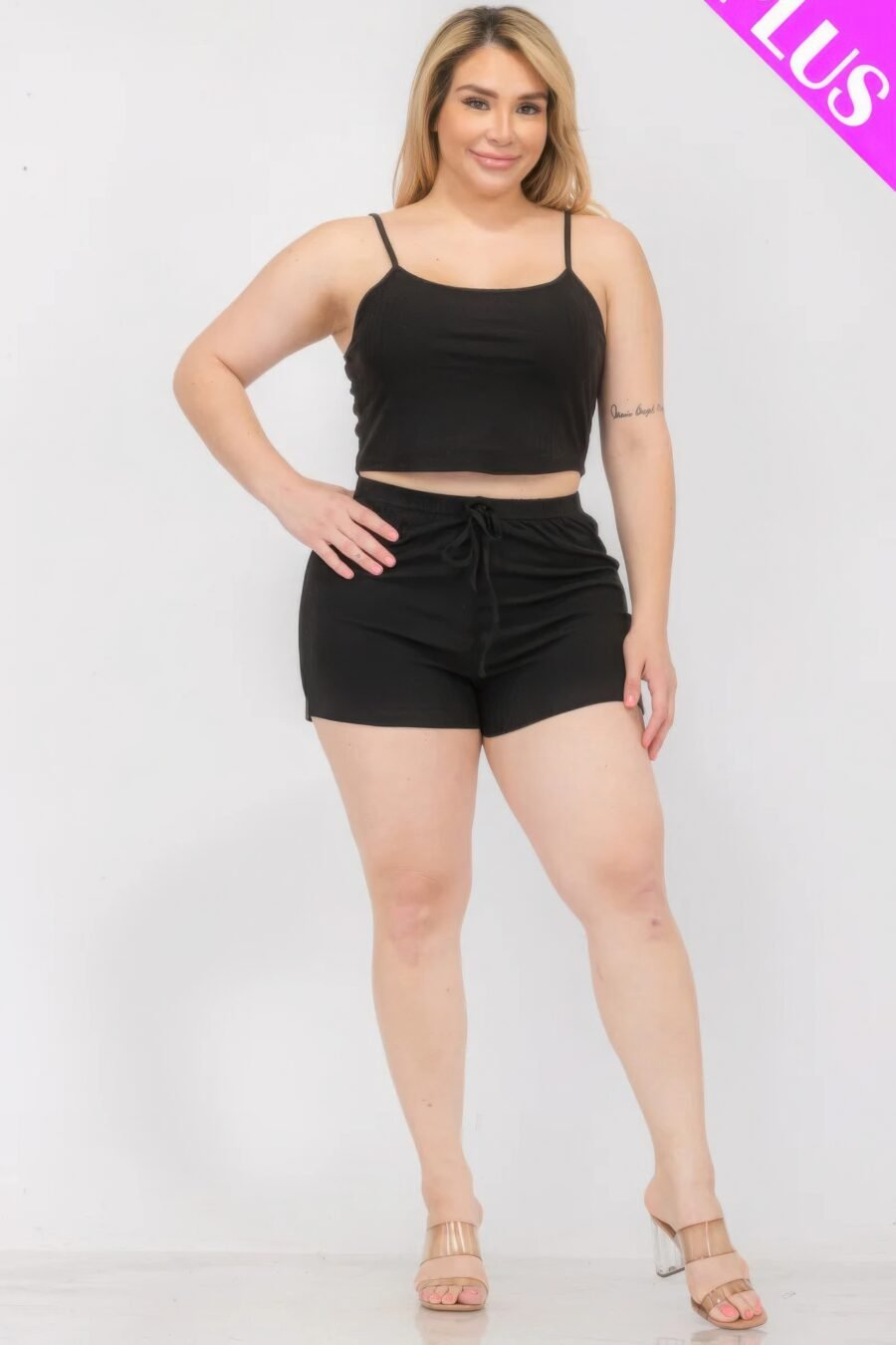 Plus size solid ribbed cami top and shorts set - image 31