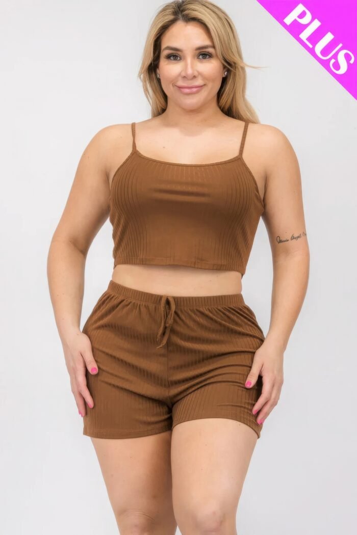 Plus size solid ribbed cami top and shorts set