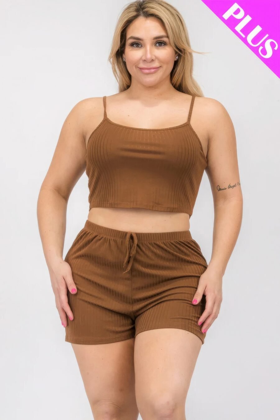 Plus size solid ribbed cami top and shorts set - image 26