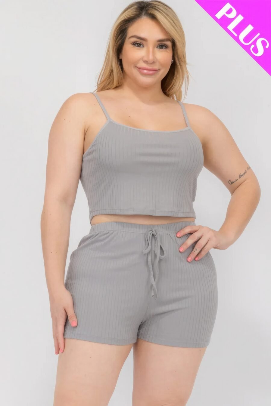 Plus size solid ribbed cami top and shorts set - image 21