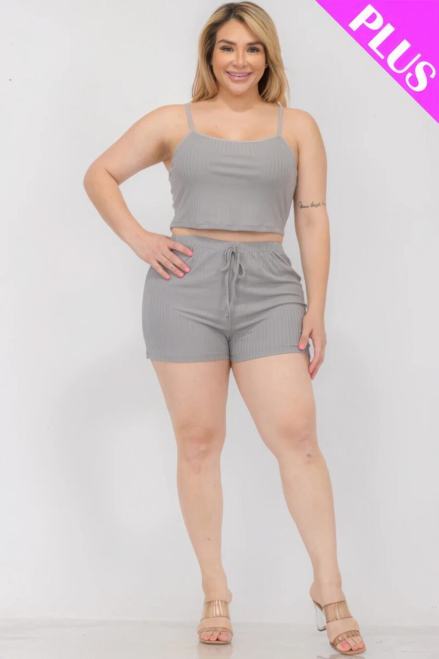 Plus size solid ribbed cami top and shorts set - image 22