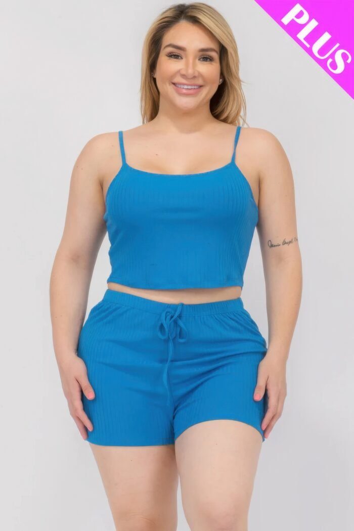 Plus size solid ribbed cami top and shorts set