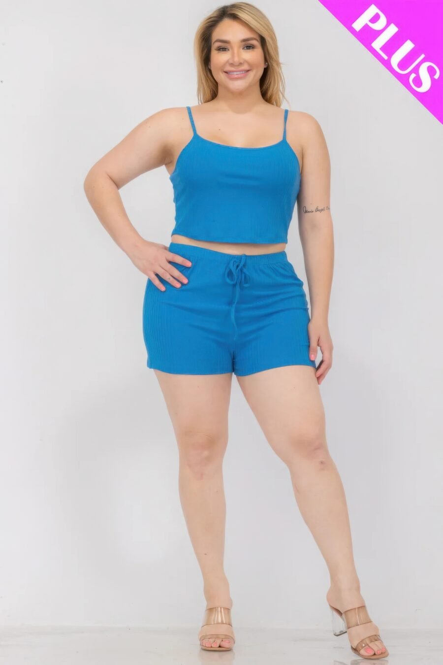 Plus size solid ribbed cami top and shorts set - image 17