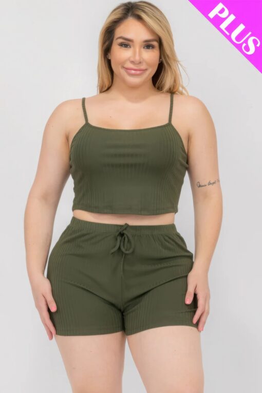 Plus Size Solid Ribbed Cami Top And Shorts Set - Image 11