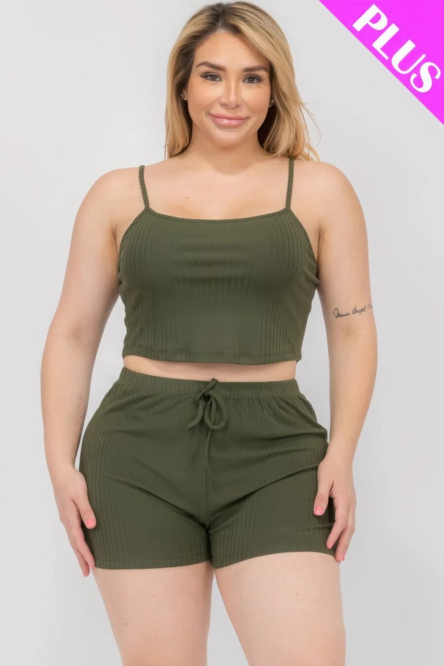 Plus size solid ribbed cami top and shorts set - image 11