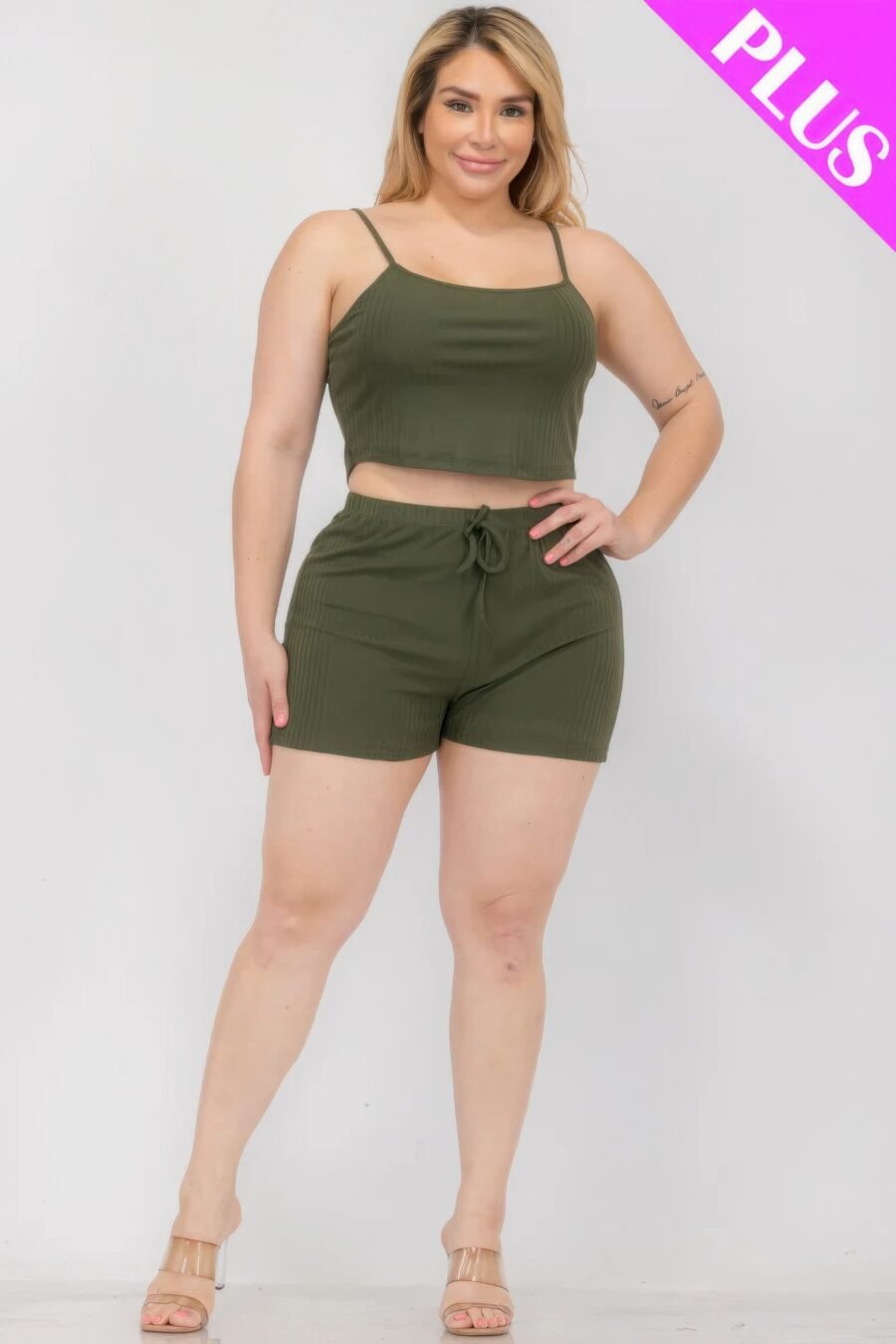Plus size solid ribbed cami top and shorts set - image 12