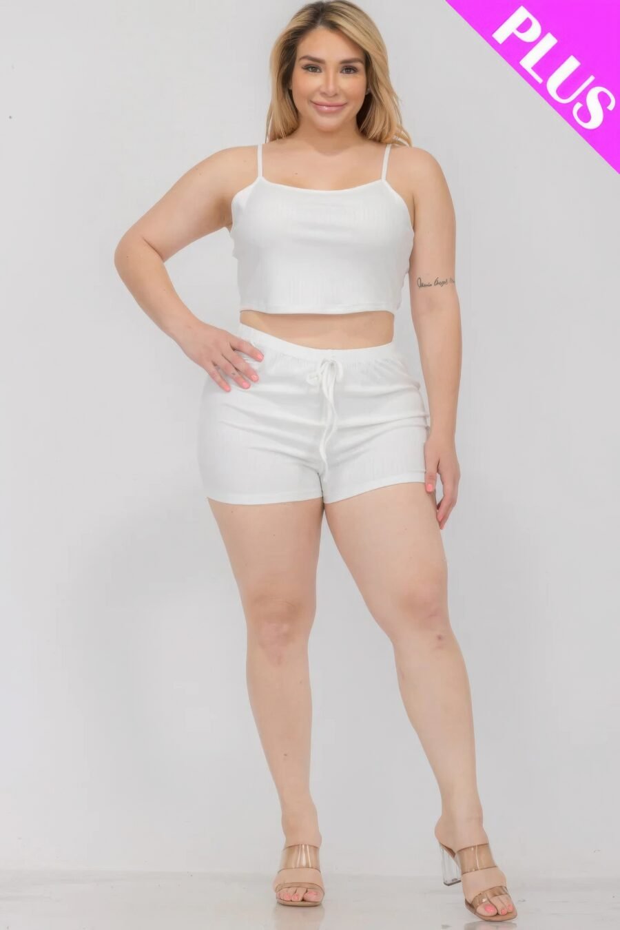 Plus size solid ribbed cami top and shorts set - image 7
