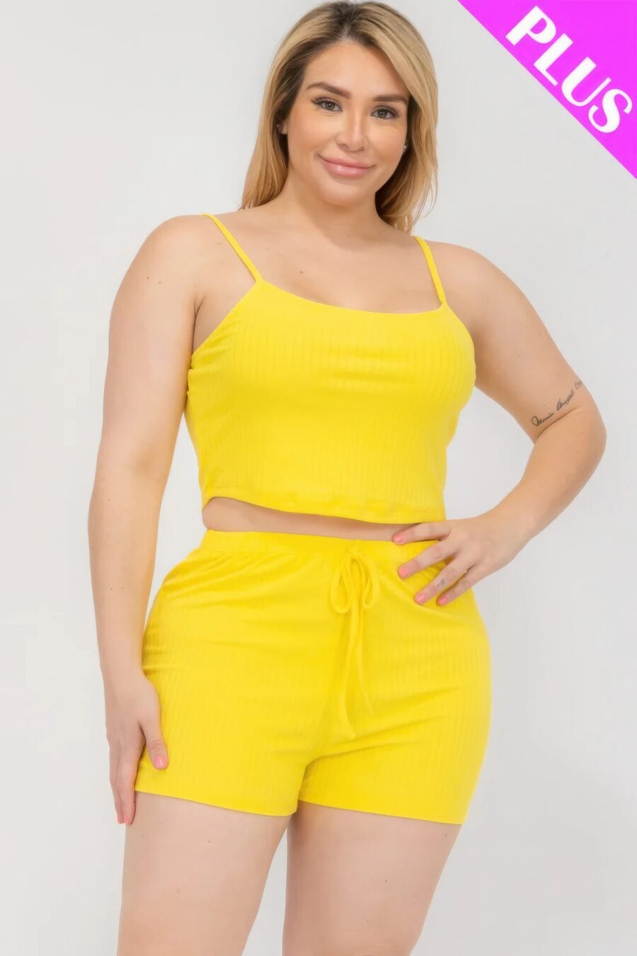 Plus size solid ribbed cami top and shorts set