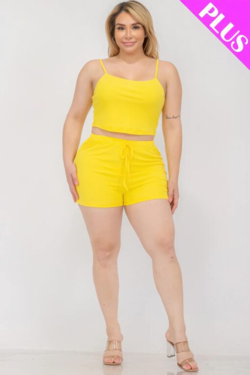Plus Size Solid Ribbed Cami Top And Shorts Set - Image 2