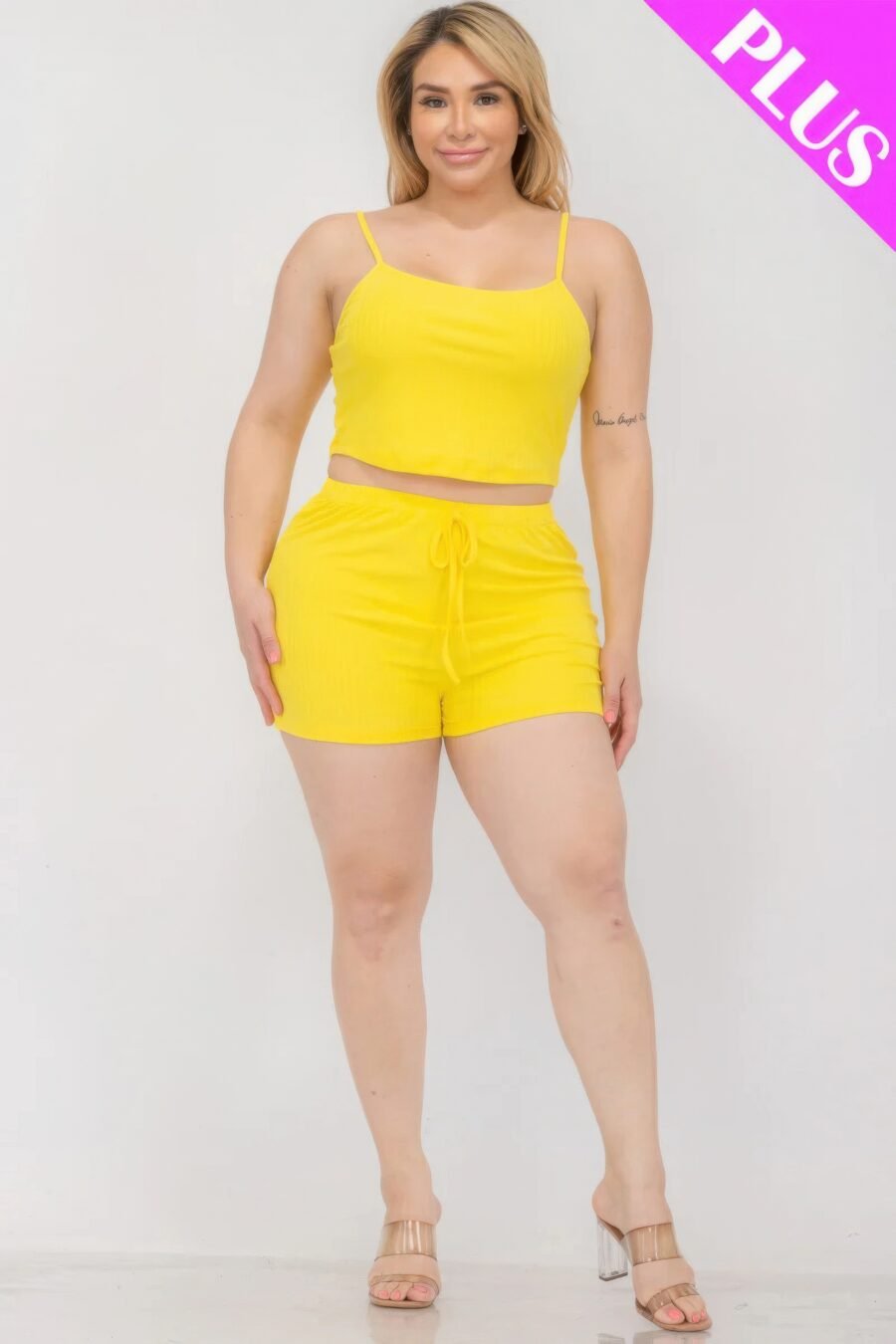 Plus size solid ribbed cami top and shorts set - image 2