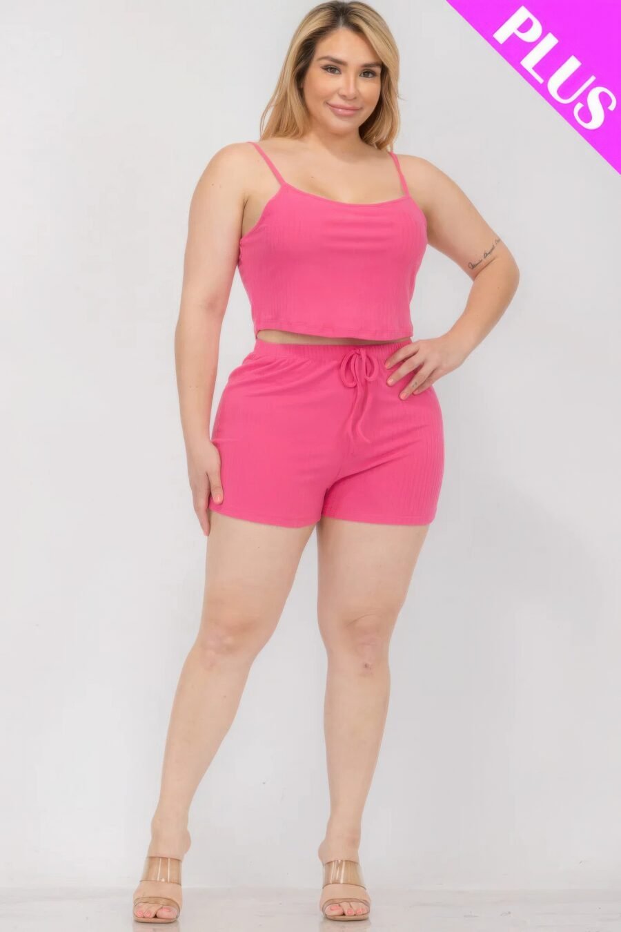 Plus size solid ribbed cami top and shorts set - image 36