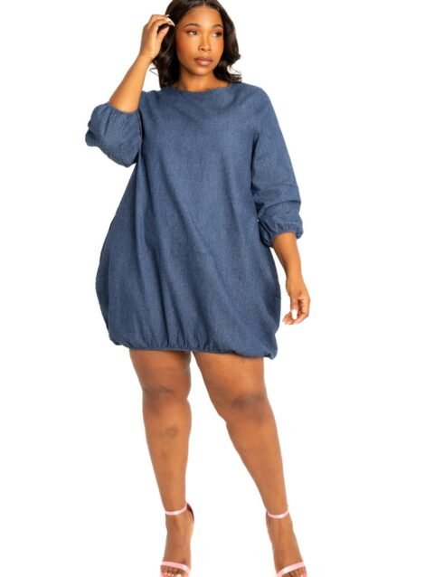 Washed denim bubbled dress