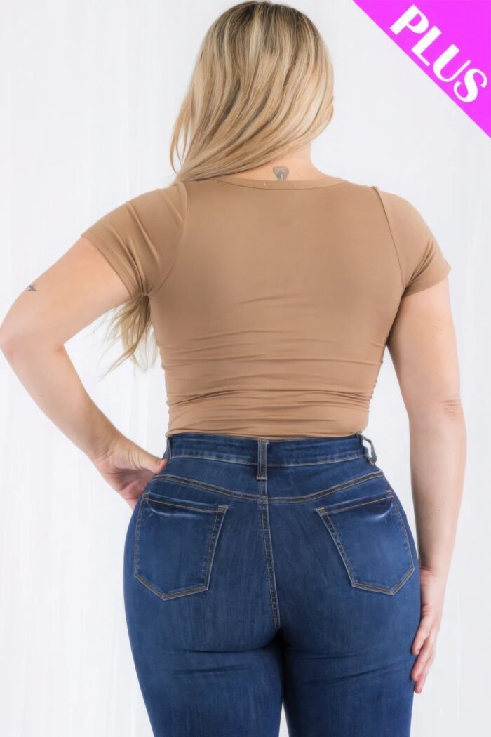 Plus size casual split neck solid short sleeve bodysuit