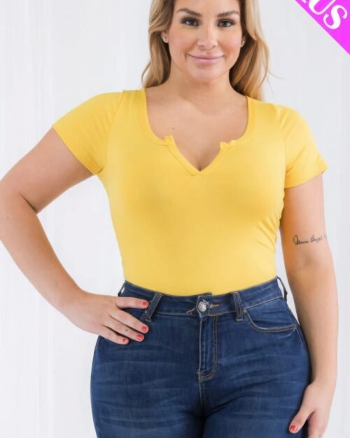 plus size casual split neck solid short sleeve bodysuit