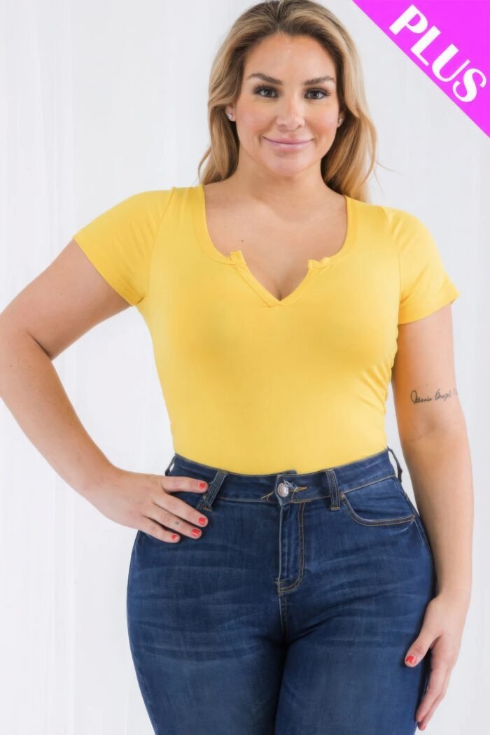 Plus size casual split neck solid short sleeve bodysuit