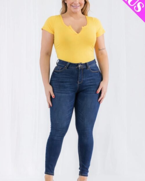 plus size casual split neck solid short sleeve bodysuit