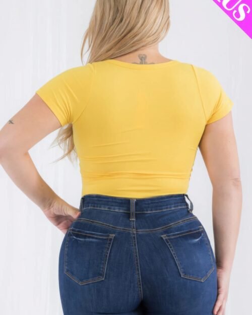 plus size casual split neck solid short sleeve bodysuit