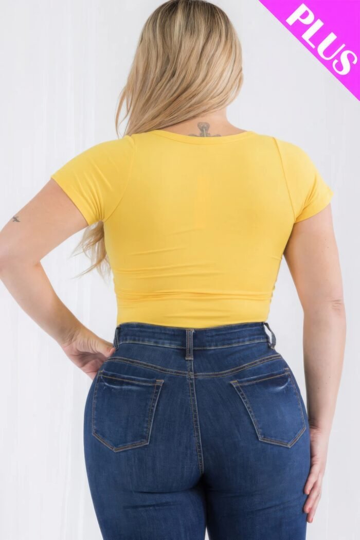 Plus size casual split neck solid short sleeve bodysuit