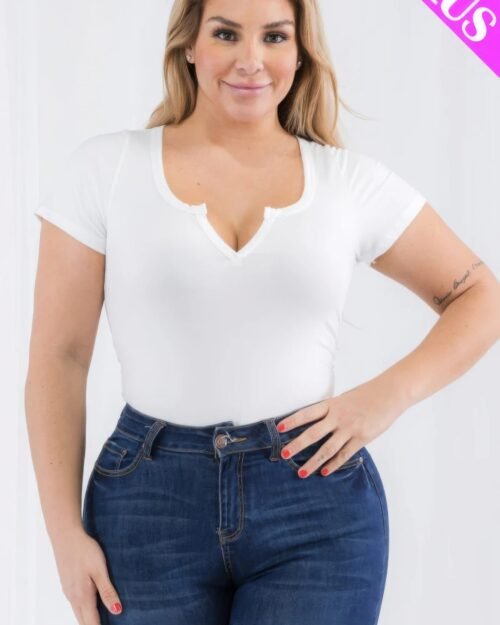 plus size casual split neck solid short sleeve bodysuit