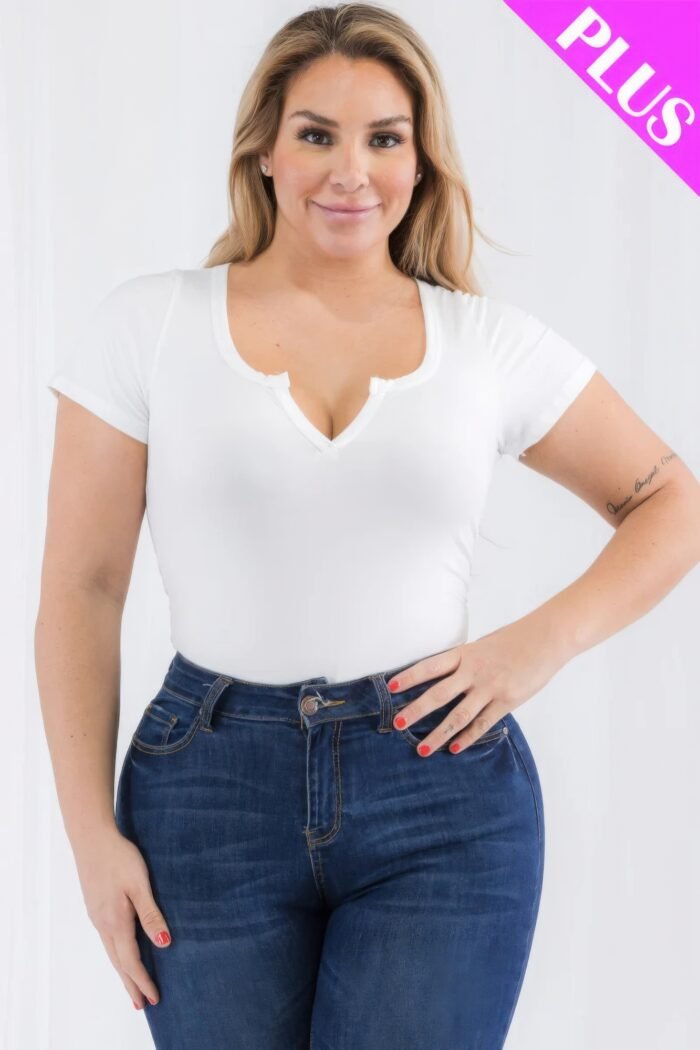 Plus size casual split neck solid short sleeve bodysuit