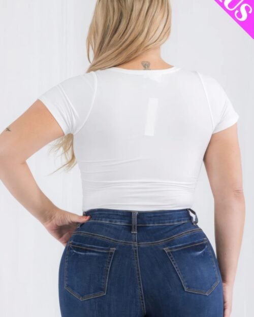 plus size casual split neck solid short sleeve bodysuit