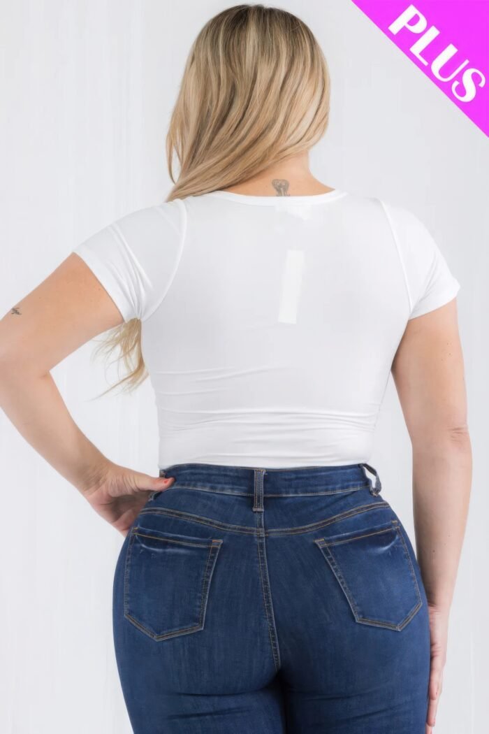 Plus size casual split neck solid short sleeve bodysuit