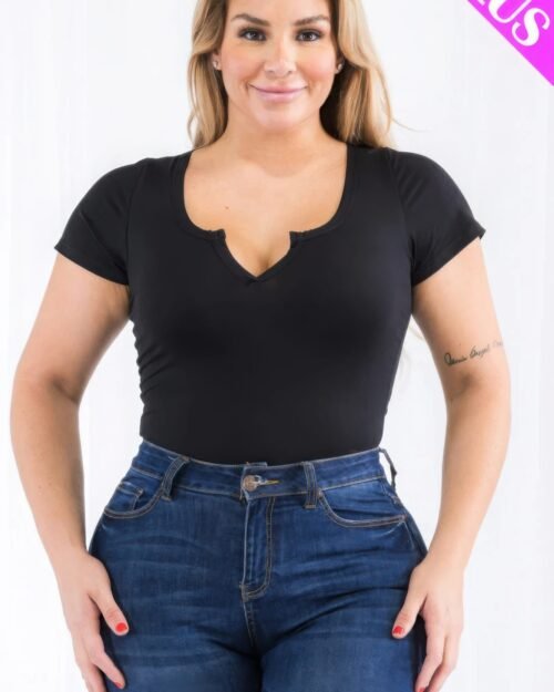 plus size casual split neck solid short sleeve bodysuit