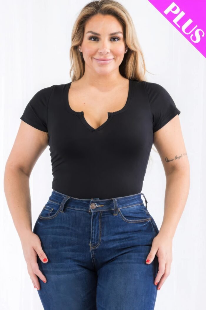 Plus size casual split neck solid short sleeve bodysuit