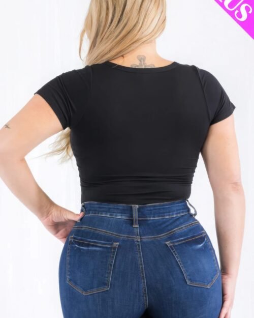 plus size casual split neck solid short sleeve bodysuit