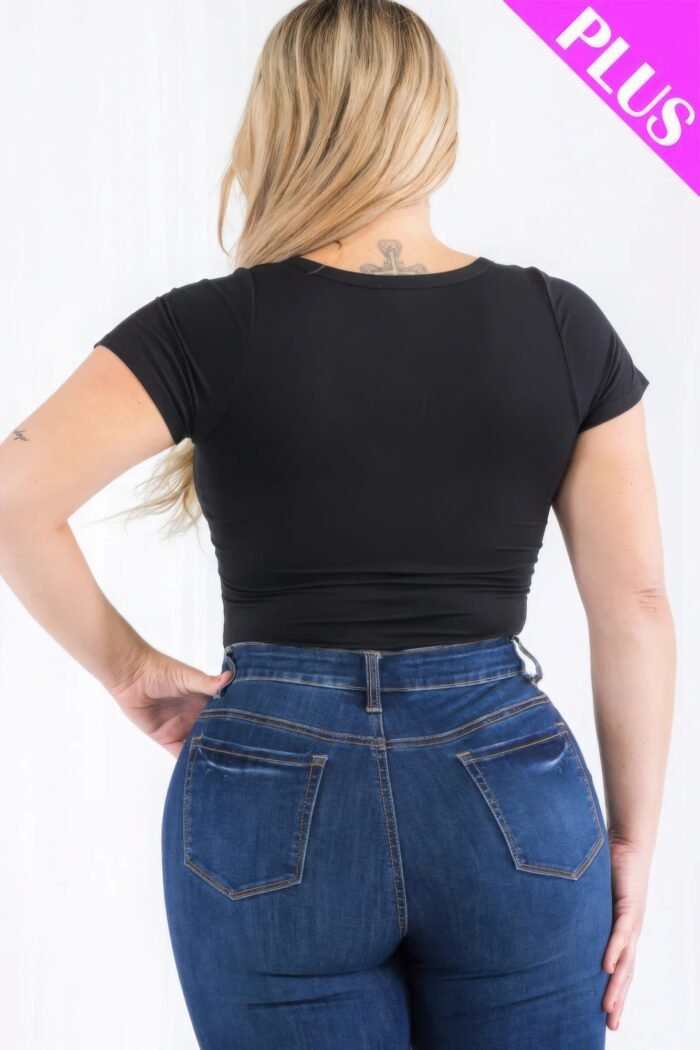 Plus size casual split neck solid short sleeve bodysuit